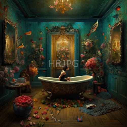 High Resolution: Ornate gilded mirrors dance across tealhued walls in hightech bathroom setting download. | HRJPG.com