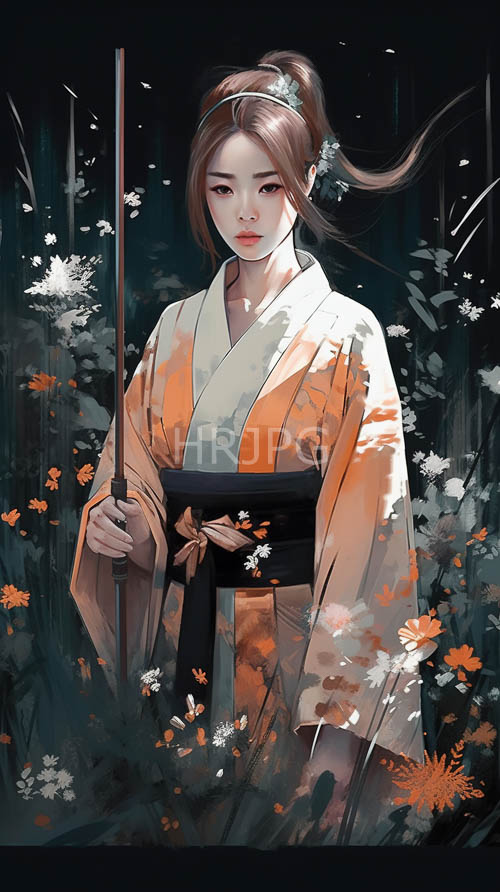 east asian woman amidst vibrant orange kimono and delicate embroidered patterns