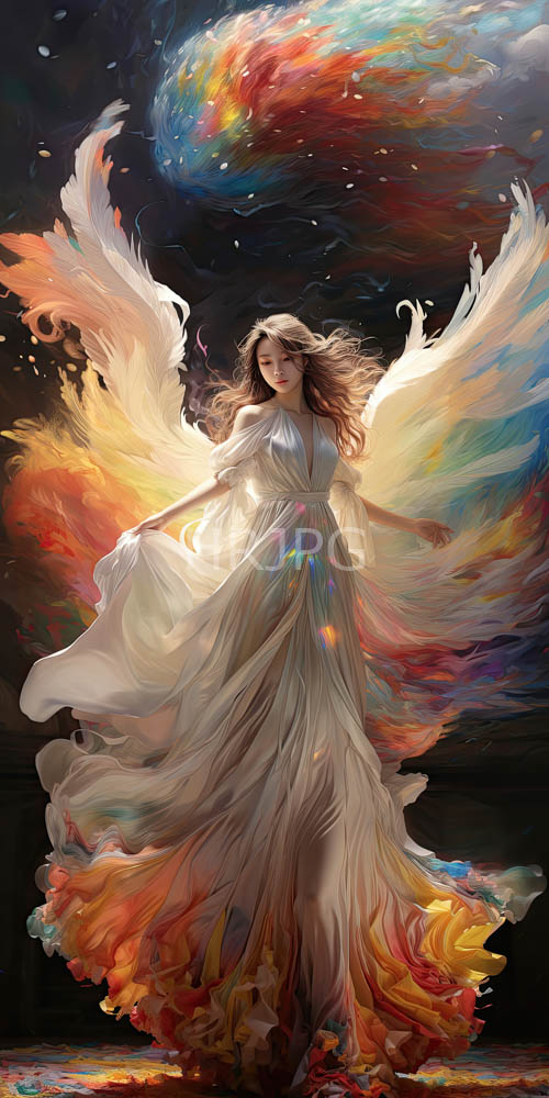 clouds ablaze with indigo hues and fiery orange bursts amidst a womans ethereal form