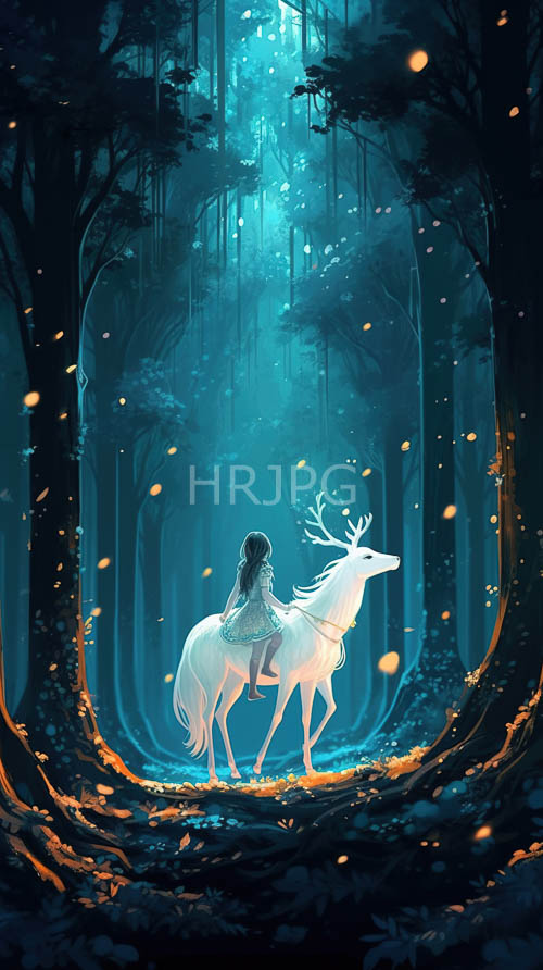 majestic white deer and woman in moonlit forest of ancient trees