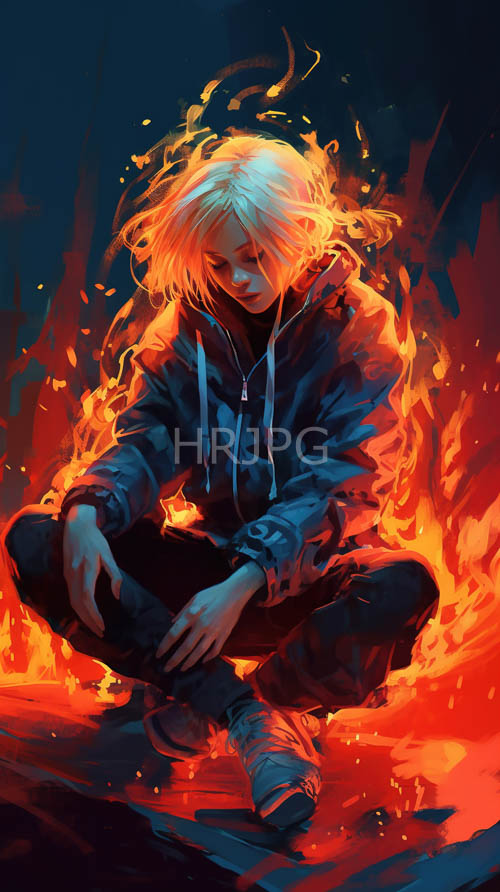 anime character amidst fiery orange flames in muted dark blue background