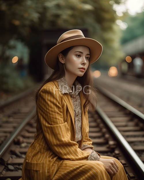 High Resolution: Slender woman sits on railway tracks amidst serene forested backdrop with rustic details download. | HRJPG.com