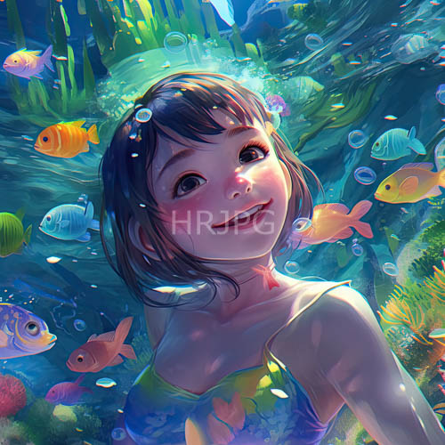 brownlocked girl immersed in aquatic with shimmering fish and sunlit water plants