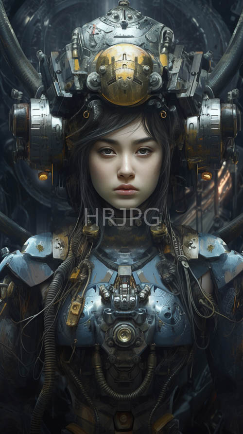 cybernetic armor glints in dimly lit industrial backdrop with orange accents