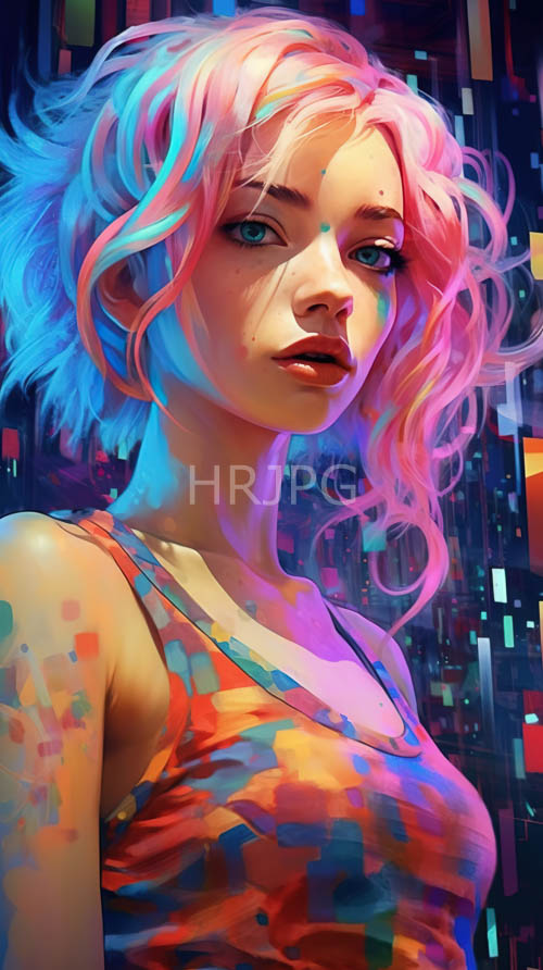 realistic cityscape portraits of young woman with camouflage tank top in neon light
