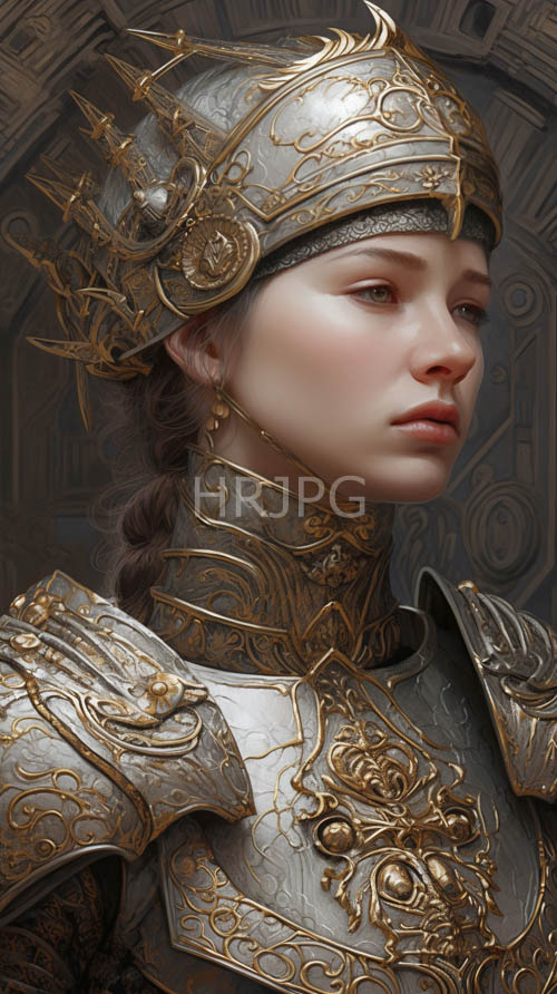 medieval armor adorns fairskinned woman with intricate filigree patterns