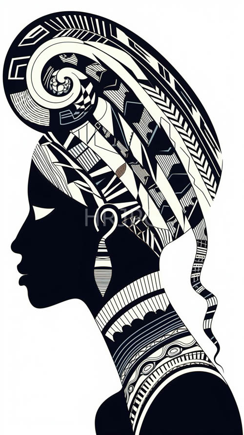 intricate tribal motifs writhe across her headwrap in a mesmerizing tapestry of triangles and zigzags against stark black background