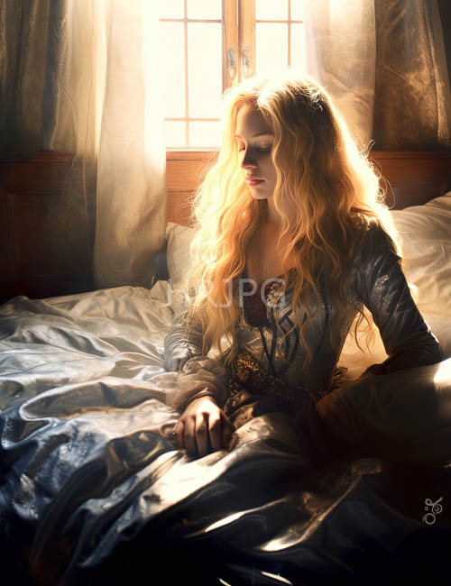High Resolution: Silken strands of wavy hair cascade down the blonde womans back in a tranquil domestic download. | HRJPG.com