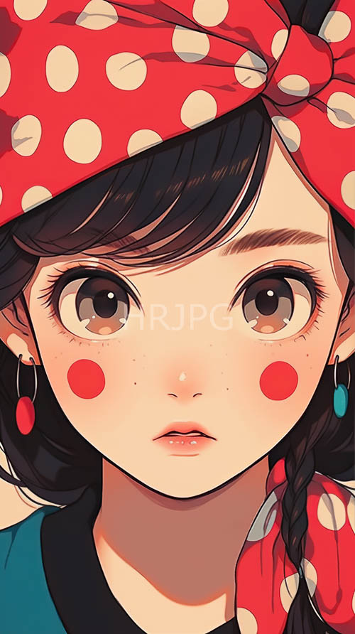 innocent girls polkadotted headscarf framing expressive brown eyes in idyllic countryside setting under gradual blue skies