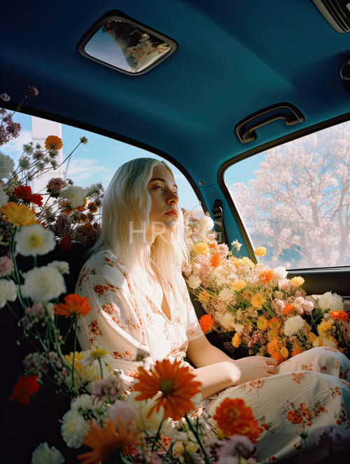 platinum blonde hair cascades like a waterfall of moonbeams amidst colorful blooms