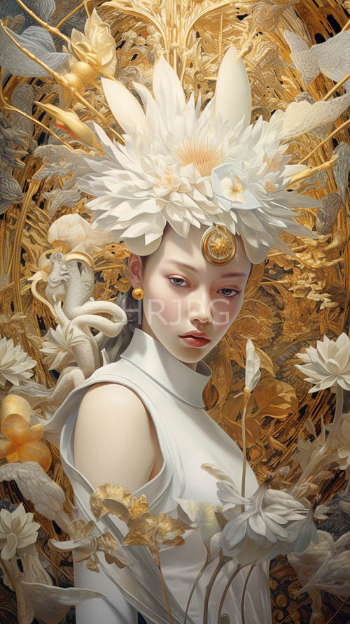 lilies cascade down delicate face of fairskinned woman amidst intricate ornate background