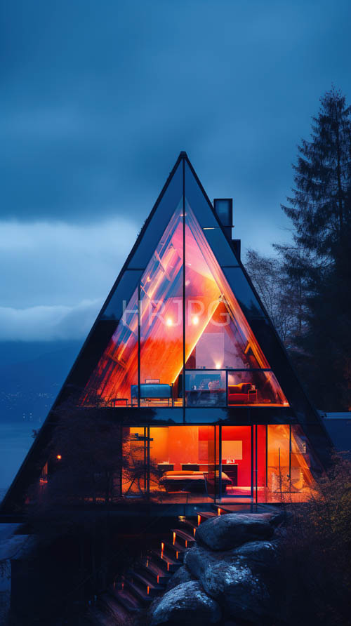 triangular glass houses illuminate dark blue evening skies and forests