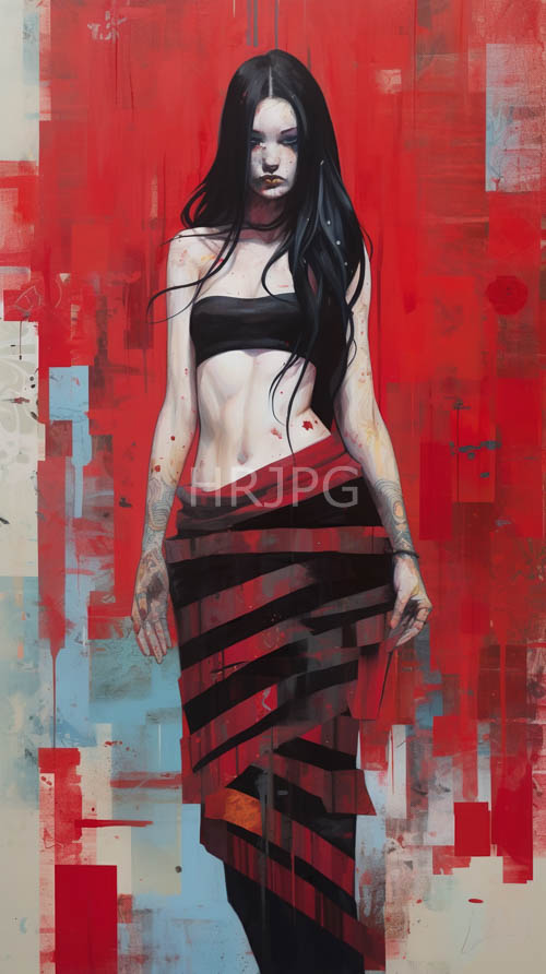 angular woman amidst electric blue and red geometric patterns in a clashing environment