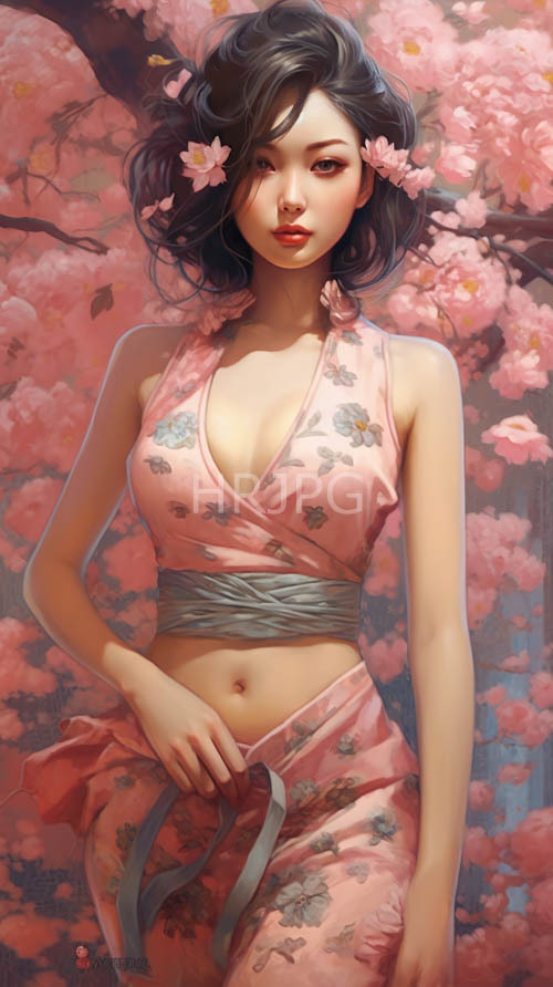 asian woman amidst cherry blossoms dancing in morning dappled shade against wavy hair