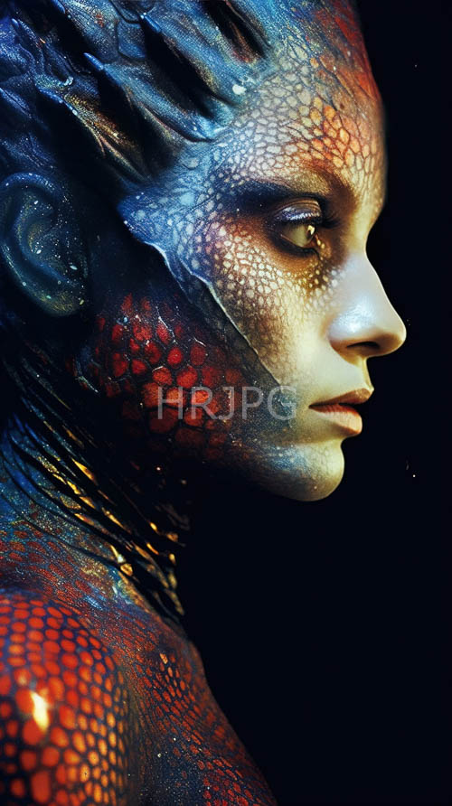 reptilian skin shifts across angular shapes of scaled armor in mysterious atmospheric setting