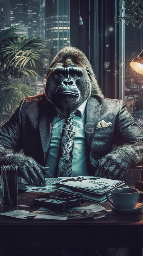 gorilla in dark grey suit sits at cluttered desk amidst cityscape