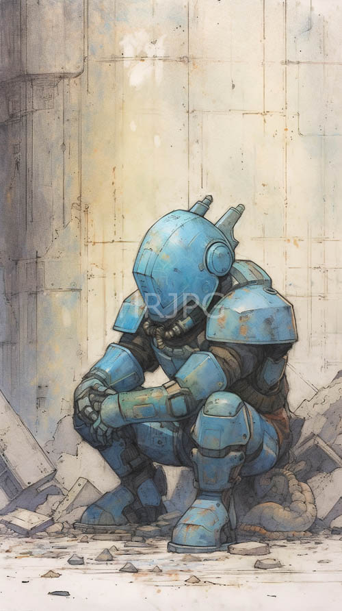rusted robot confronts worn concrete in desolate urban landscape