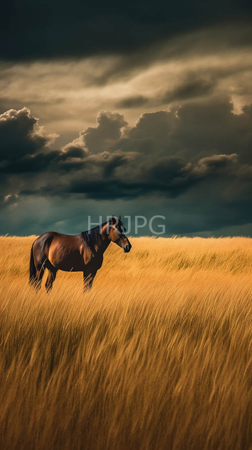 dark brown horse stands amidst tall grass casting intricate patterns on surrounding terrain