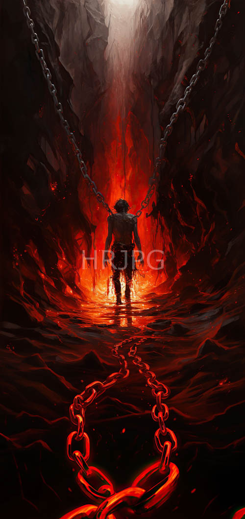 armored figure adorned with chain links amidst fiery cavern setting under ethereal blue lighting