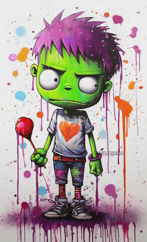 child with green skin holds a red lollipop amidst chaotic paint splatters on worn blue shorts