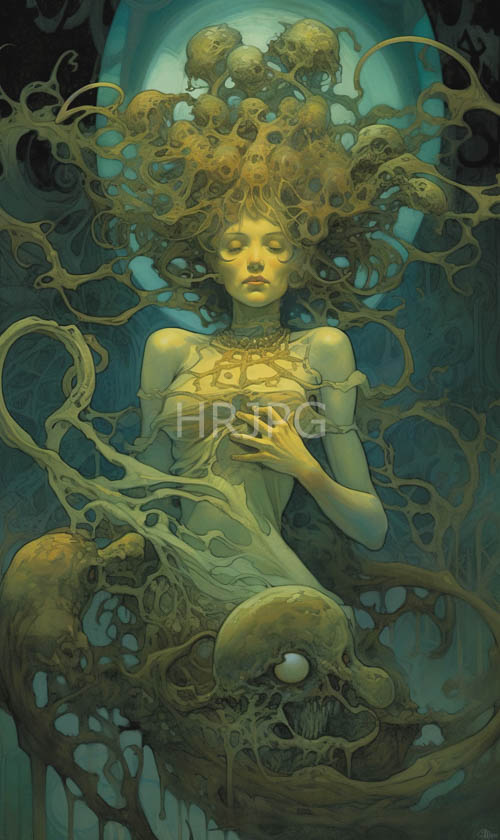 intricately carved skulls dance above a womans serene pale skin in dim ethereal light