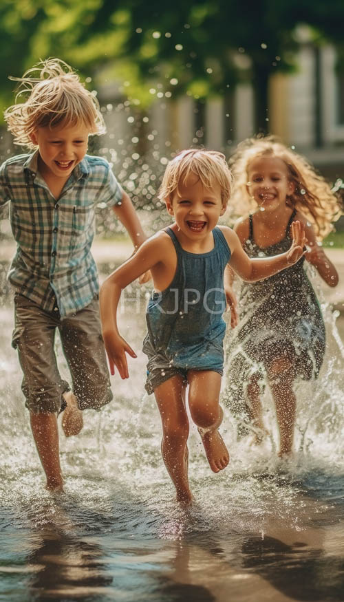 High Resolution: Childrens energetic frolic amidst lush greenery and sunlit ripples on tranquil waters edge download. | HRJPG.com
