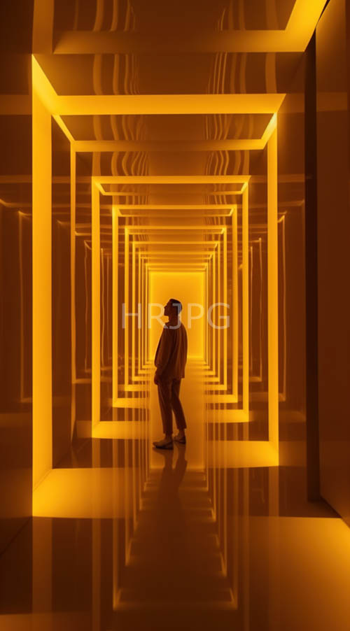 futuristic hallway illumination reflects on africanamerican mans contemplative face in plaid shirt and jeans