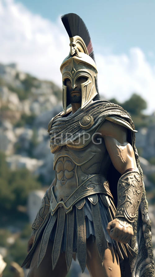 ancient greek warrior displays strength against rocky terrain in subtle sunlight