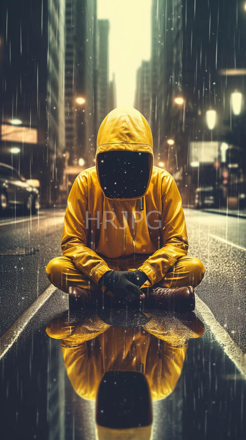 rainsoaked cityscape with yellow rain gear and towering skyscrapers