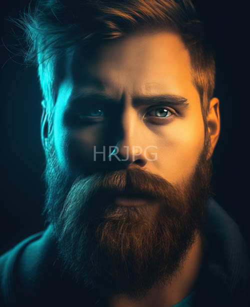 deep shadows highlight intense expression of bearded man with vivid green eyes