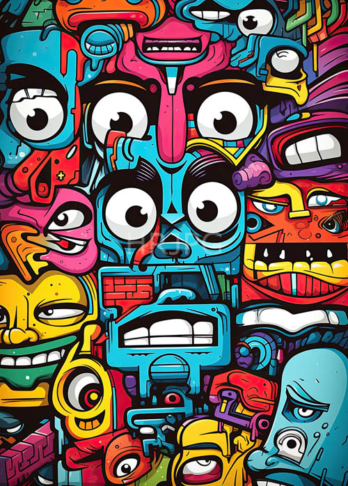 illustrations feature dense layers of expressive colorful faces in chaotic highenergy patterns
