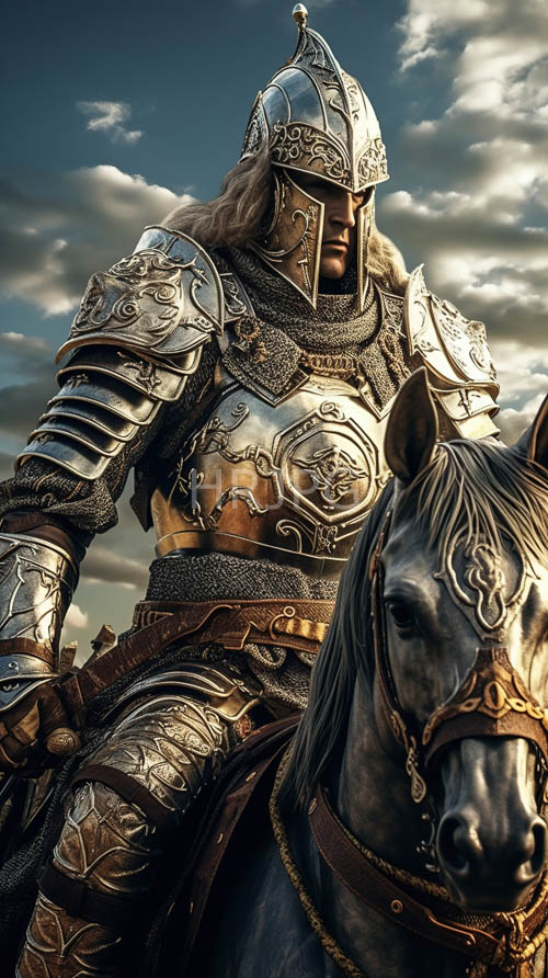 steelclad knights ride dark grey horses through rugged landscapes at sunset