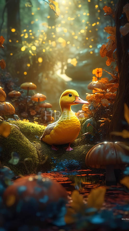 forest scenes at dusk feature mossy logs and reflective streams with yellow ducks