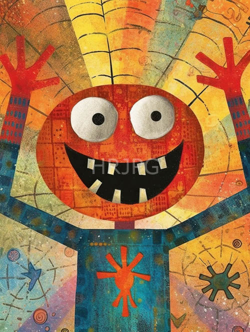 whimsical red characters radiate warmth in playful orange hued backgrounds
