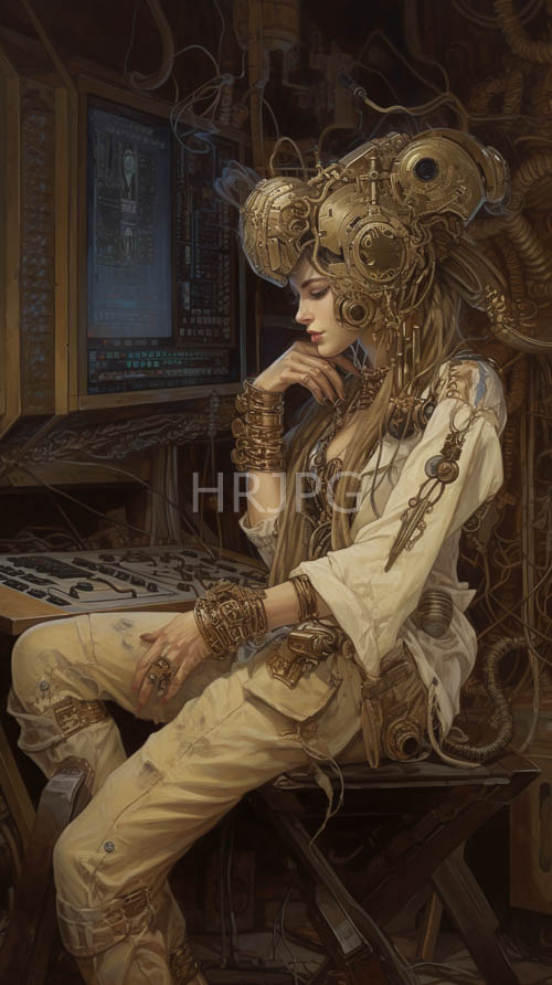 High Resolution: Industrial consoles seat women in steampunk attire at work download. | HRJPG.com