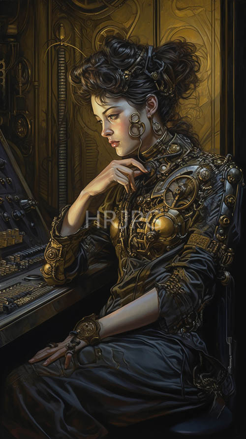 steampunk women in intricate attire with gears and mechanical details on control panels