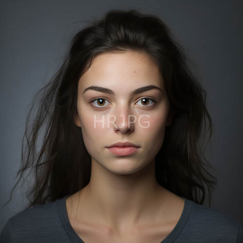women with neutral expressions against gray backgrounds and blue shirts create a classic color contrast
