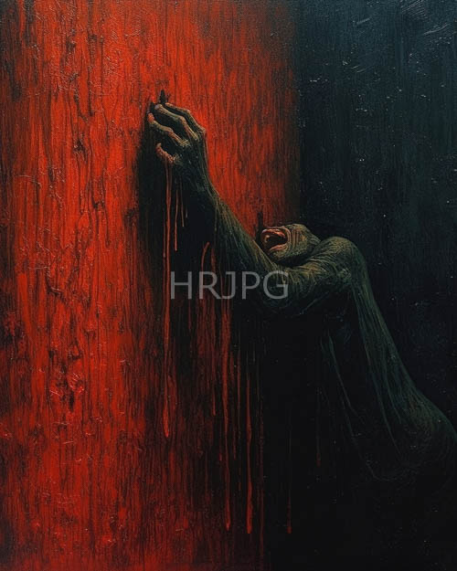 elongated figures with dripping paintcovered hands press against orangered walls with eerie shadows
