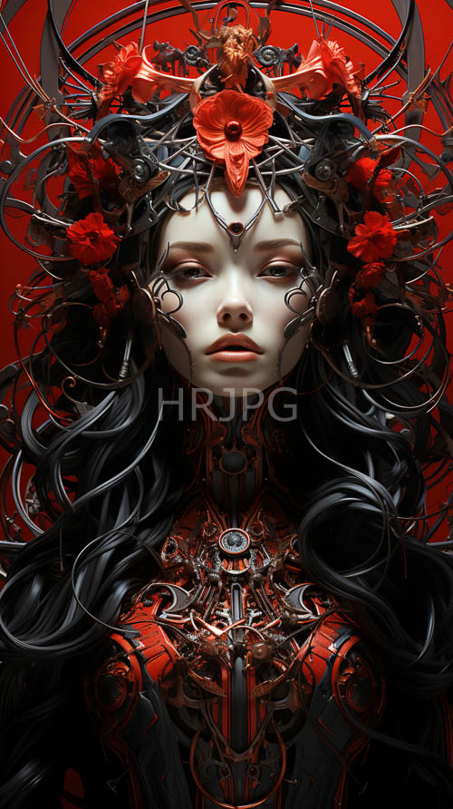 High Resolution: Crimson backdrops set off intricate metal armor on pale skin download. | HRJPG.com