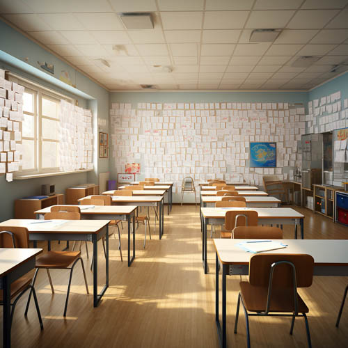 empty classroom layout with student drawings and natural sunlight streaming through windows