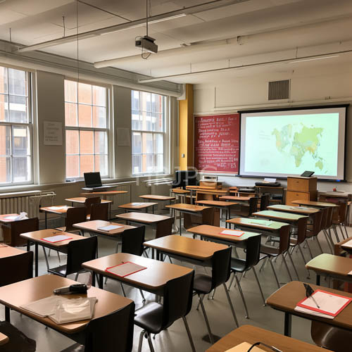 High Resolution: Flooded with Natural Light Learning Spaces Unveil Wood Desks and Red Projections at the Front download. | HRJPG.com