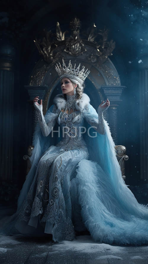 luxurious women adorn ornate thrones with intricate silver embroidery and white fur trimmings in opulent dark chambers