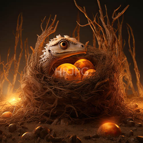 High Resolution: Anthropomorphic Lizards Bask in Muted Ambient Light Amidst Dry Twig Nests and Glowing Eggs download. | HRJPG.com