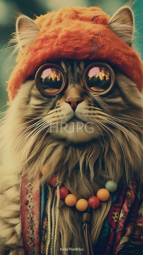 feline character with whimsical accessory wears round glasses in lush greenery setting