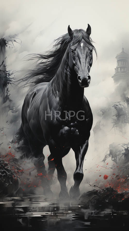 misty horses charge through red flowered terrain with foggy trees and ruins