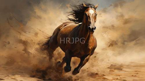 exuberant brown horses gallop through swirling desert dust and sand clouds terrain
