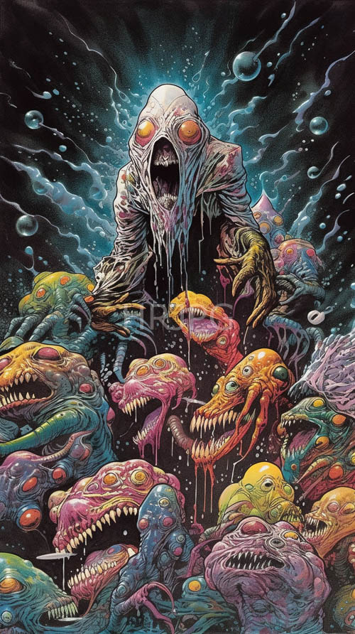 fantastical horror creatures amidst swirling blue energy amidst colorful skulls in a dark spacelike environment
