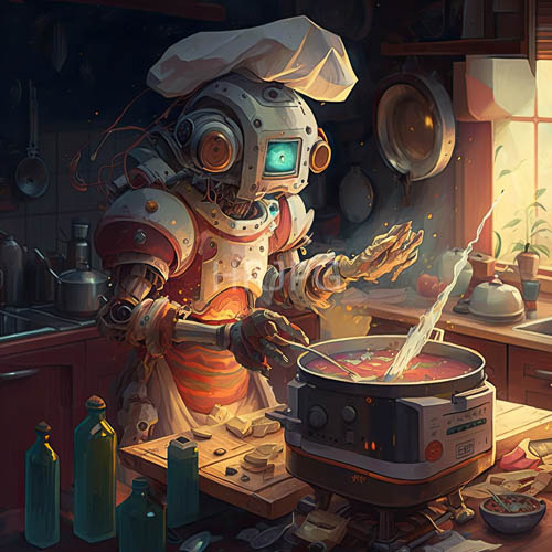 industrial steampunk robots prepare culinary delights in modern kitchen setting under dim lighting