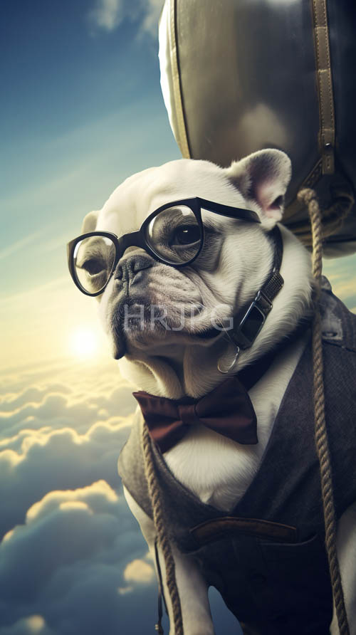 High Resolution: Formal Canine Adventurer Poses with Metallic Helmet against Cloudy Sky Background download. | HRJPG.com