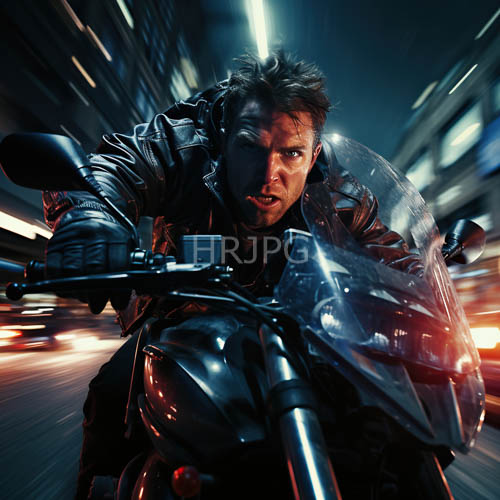 urban biker motorcycle riders in dark city streets under dramatic streetlamps and neon lights